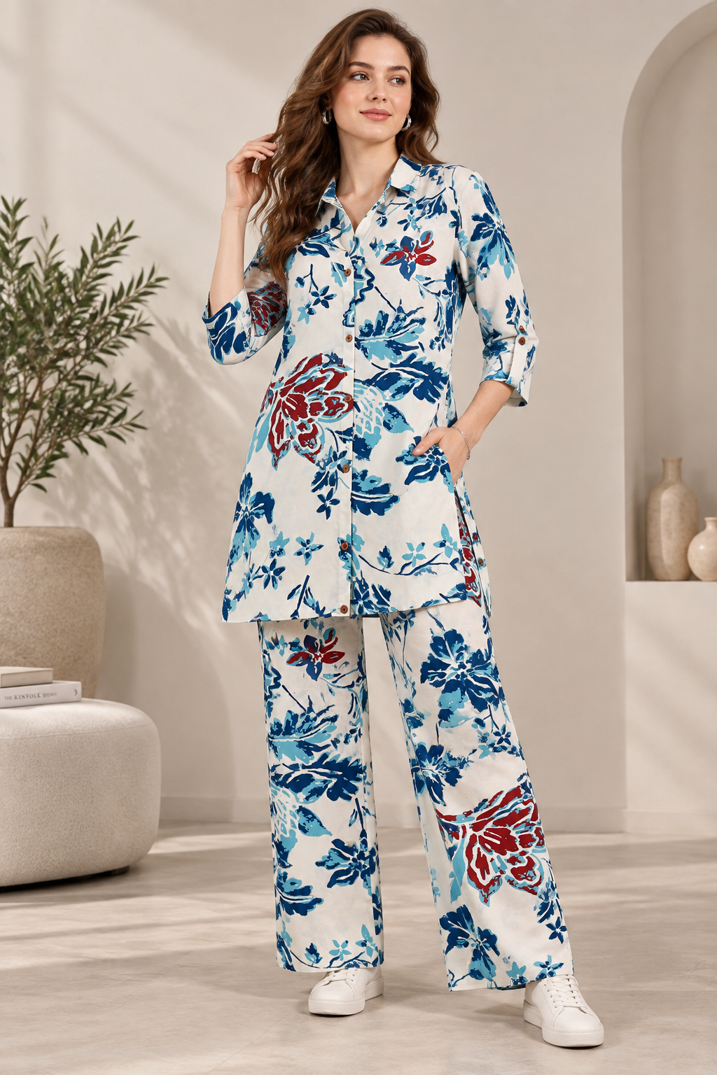 Rocck'z Women’s Off-White & Blue Botanical Floral Print Collar Co-ord Set