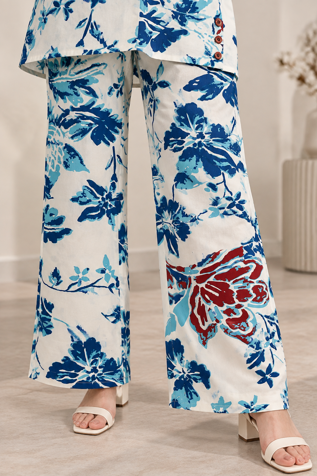 Rocck'z Women’s Off-White & Blue Botanical Floral Print Collar Co-ord Set