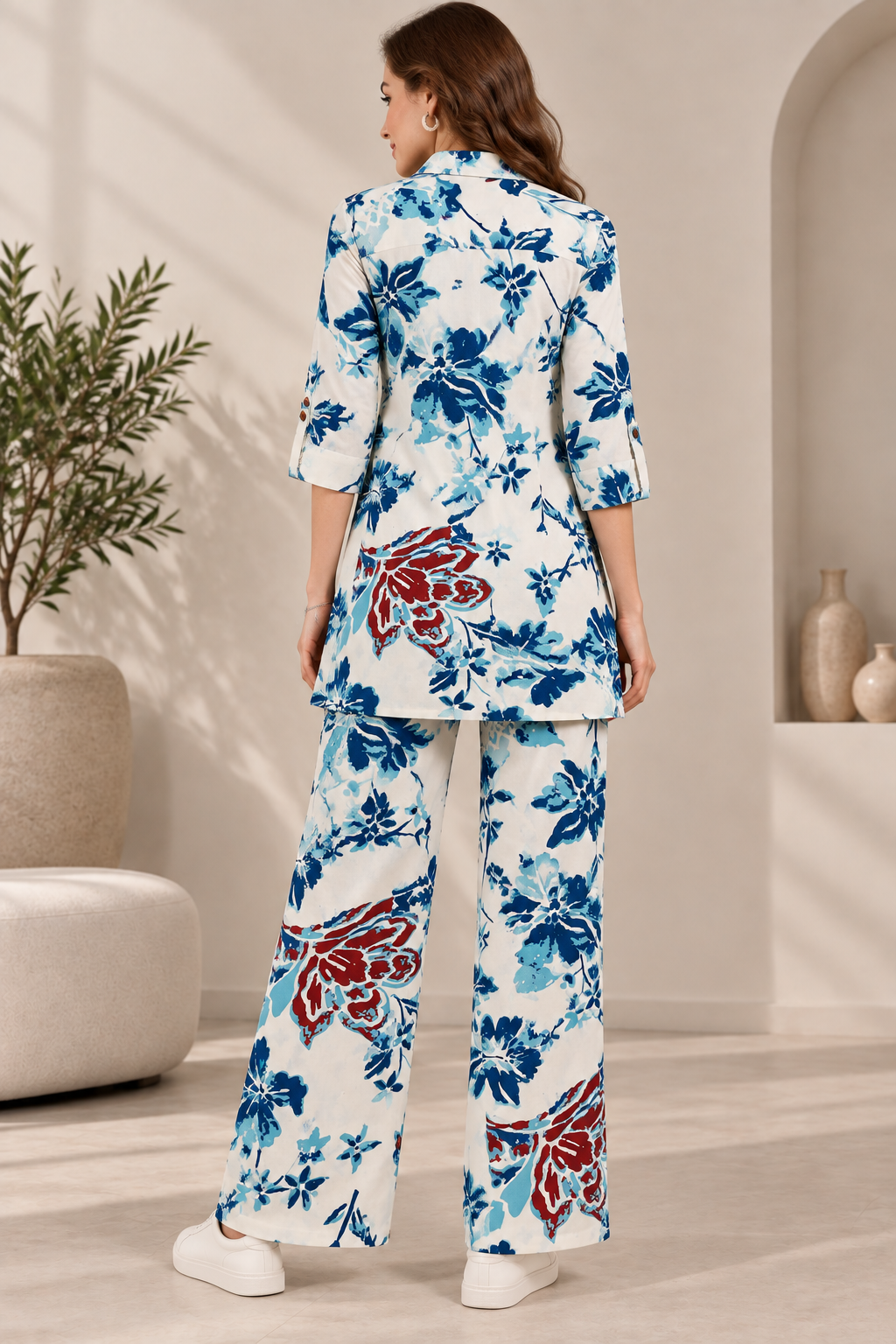 Rocck'z Women’s Off-White & Blue Botanical Floral Print Collar Co-ord Set