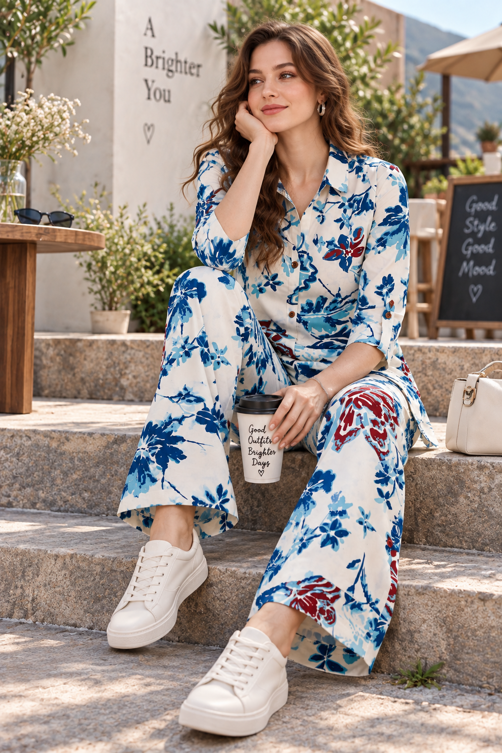 Rocck'z Women’s Off-White & Blue Botanical Floral Print Collar Co-ord Set