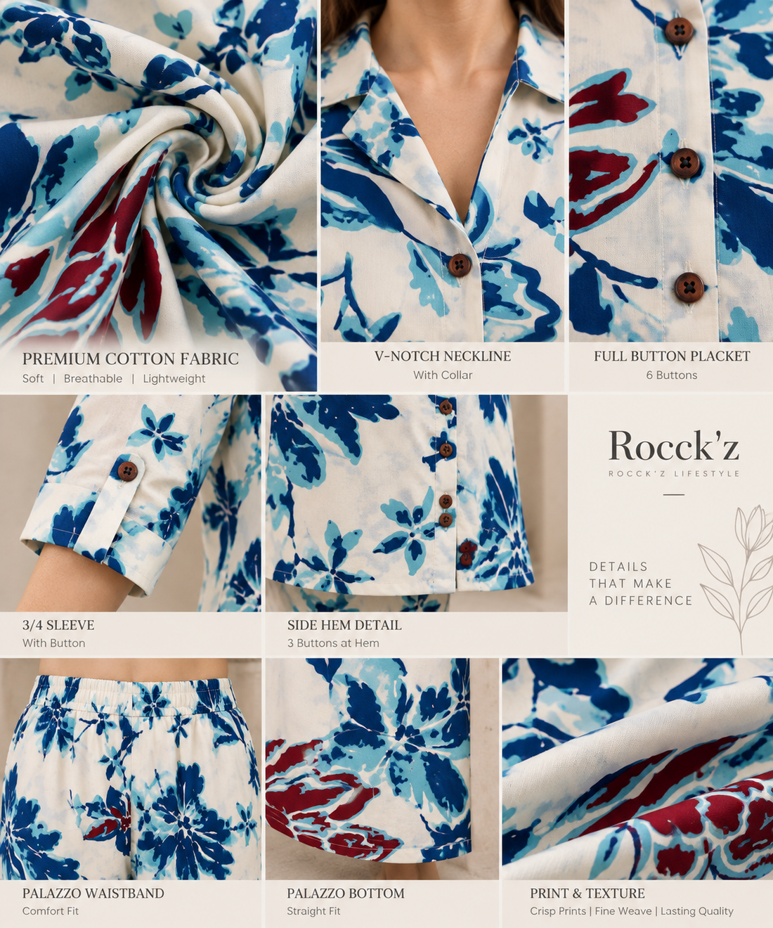 Rocck'z Women’s Off-White & Blue Botanical Floral Print Collar Co-ord Set
