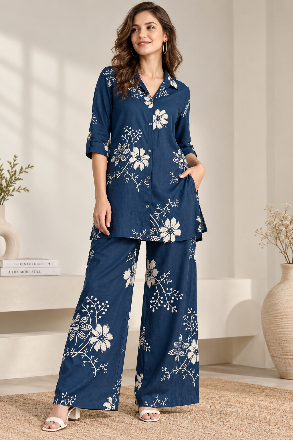 Rocck'z Women’s Navy Blue Floral & Branch Print Collar Co-ord Set