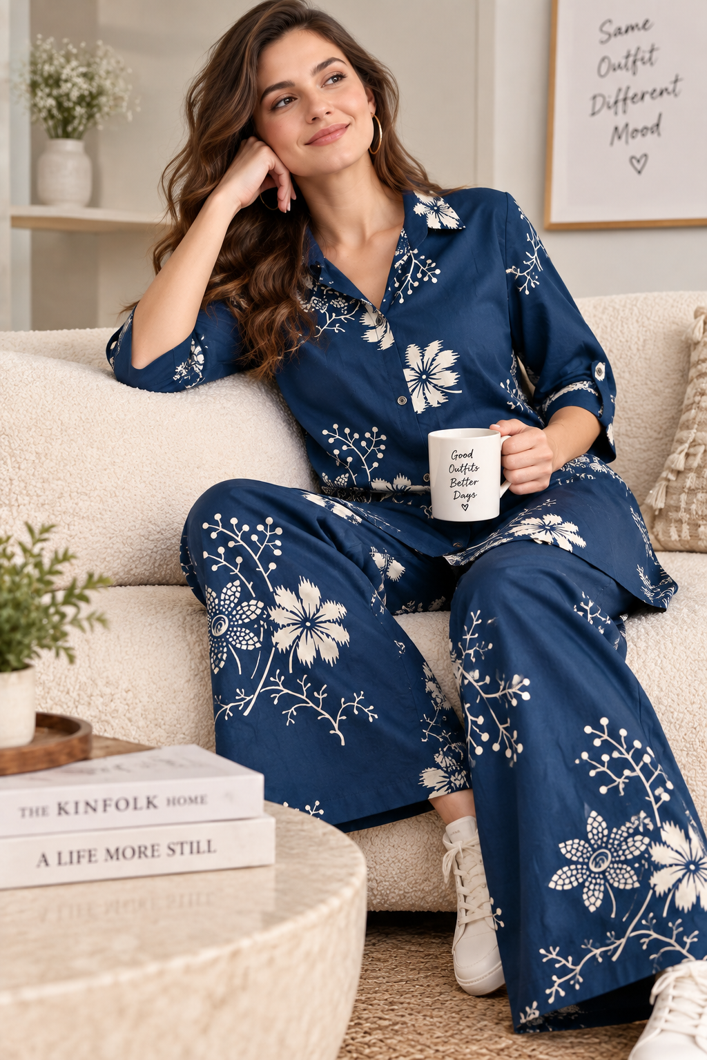 Rocck'z Women’s Navy Blue Floral & Branch Print Collar Co-ord Set