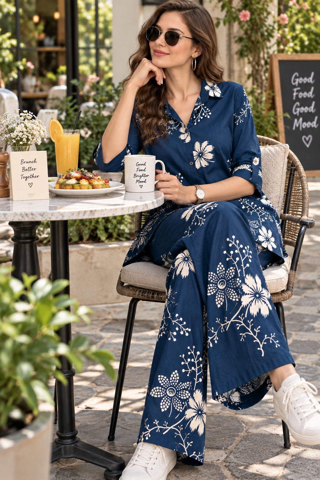 Rocck'z Women’s Navy Blue Floral & Branch Print Collar Co-ord Set