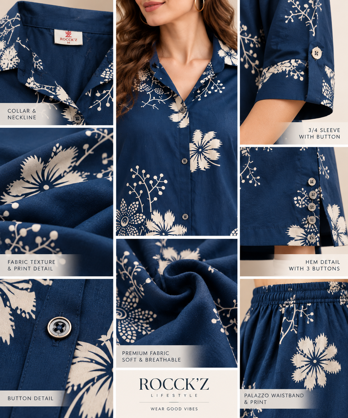 Rocck'z Women’s Navy Blue Floral & Branch Print Collar Co-ord Set