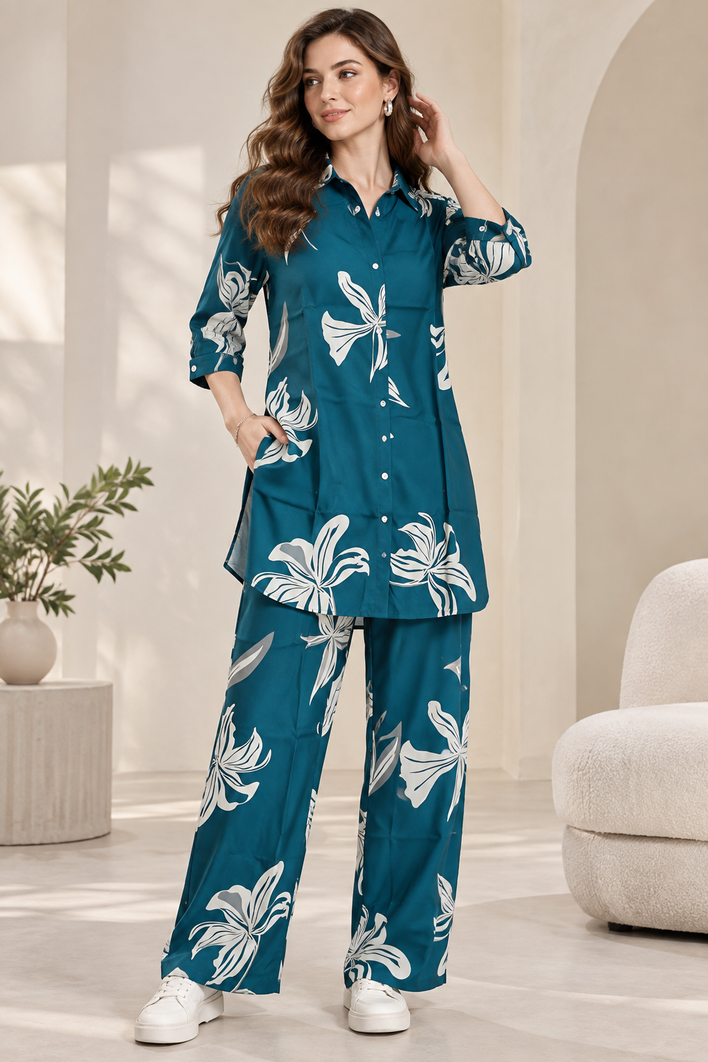 Rocck'z Women’s Teal Green Large Floral Print Collar Co-ord Set