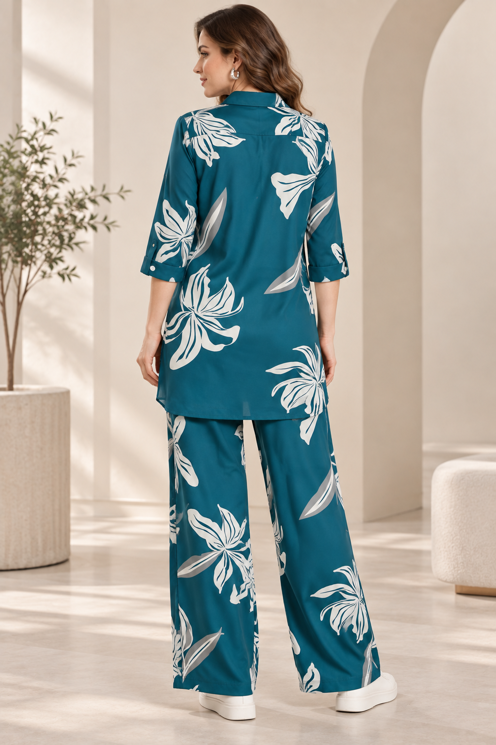 Rocck'z Women’s Teal Green Large Floral Print Collar Co-ord Set