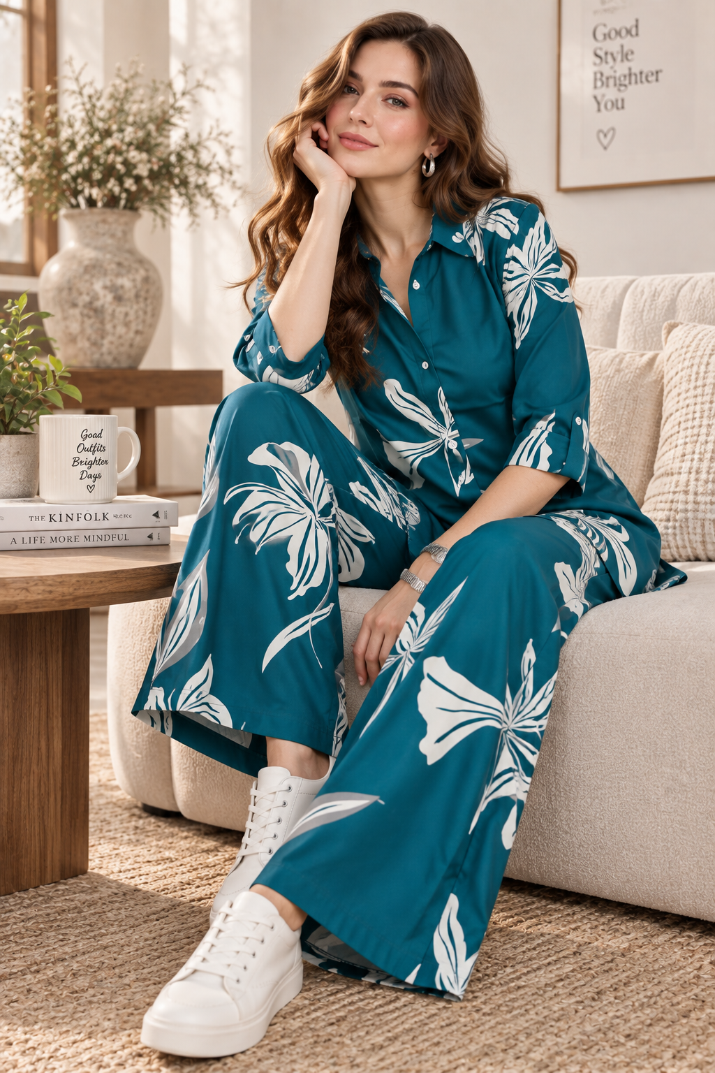 Rocck'z Women’s Teal Green Large Floral Print Collar Co-ord Set