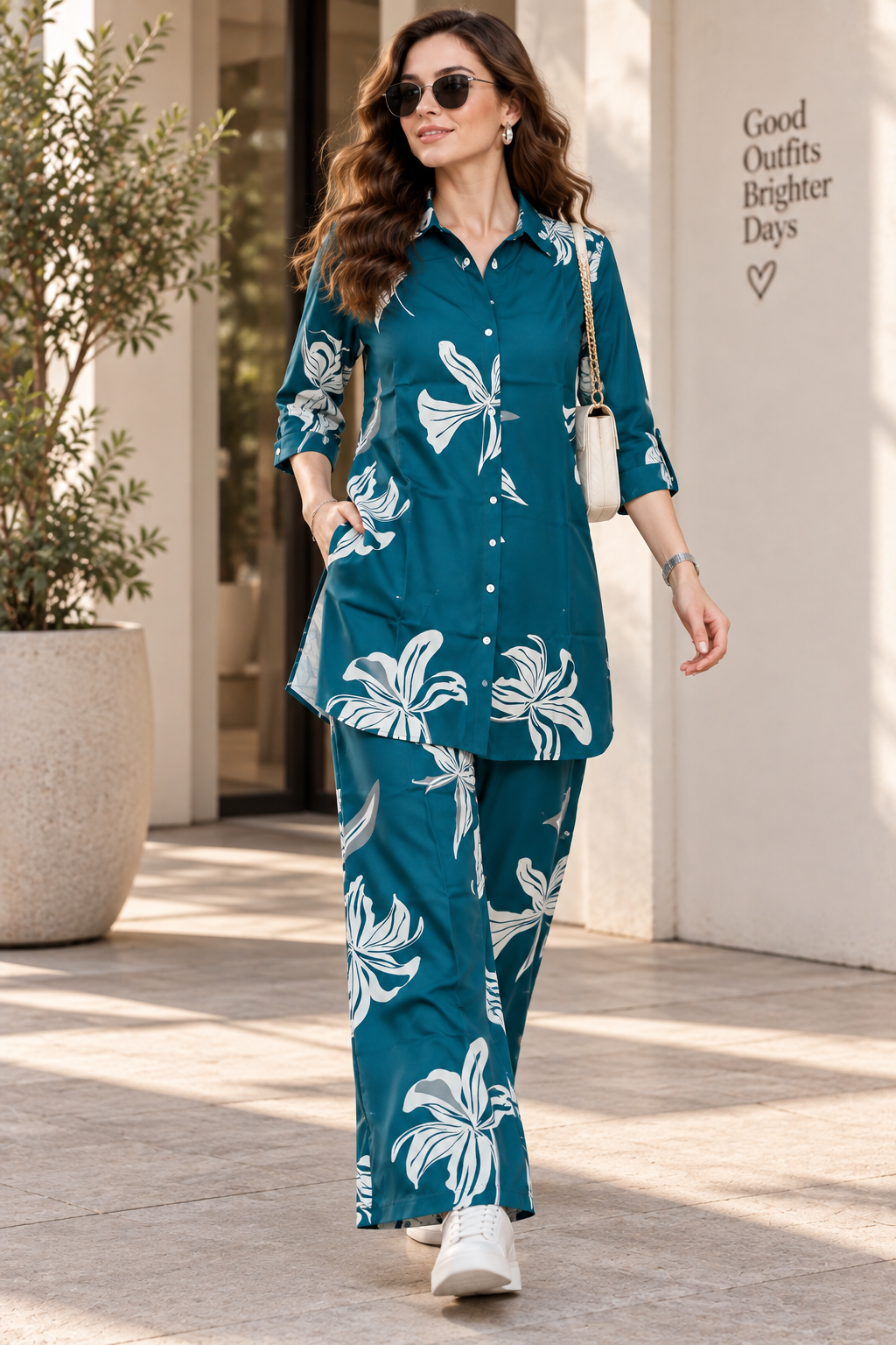 Rocck'z Women’s Teal Green Large Floral Print Collar Co-ord Set