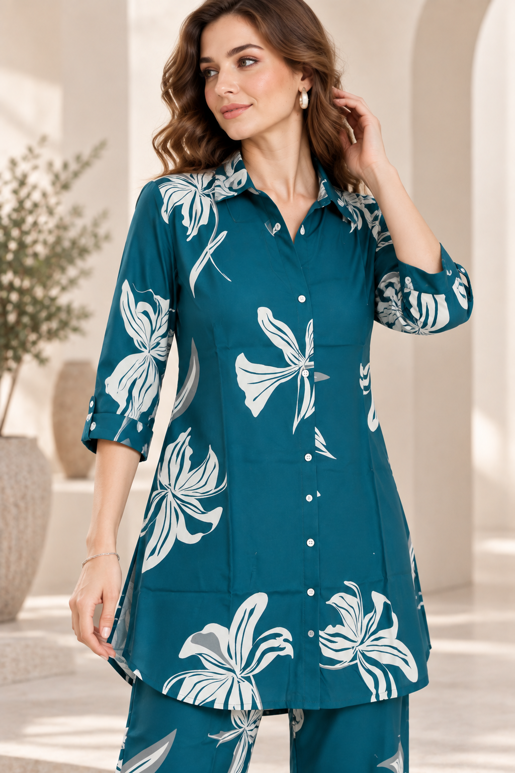 Rocck'z Women’s Teal Green Large Floral Print Collar Co-ord Set