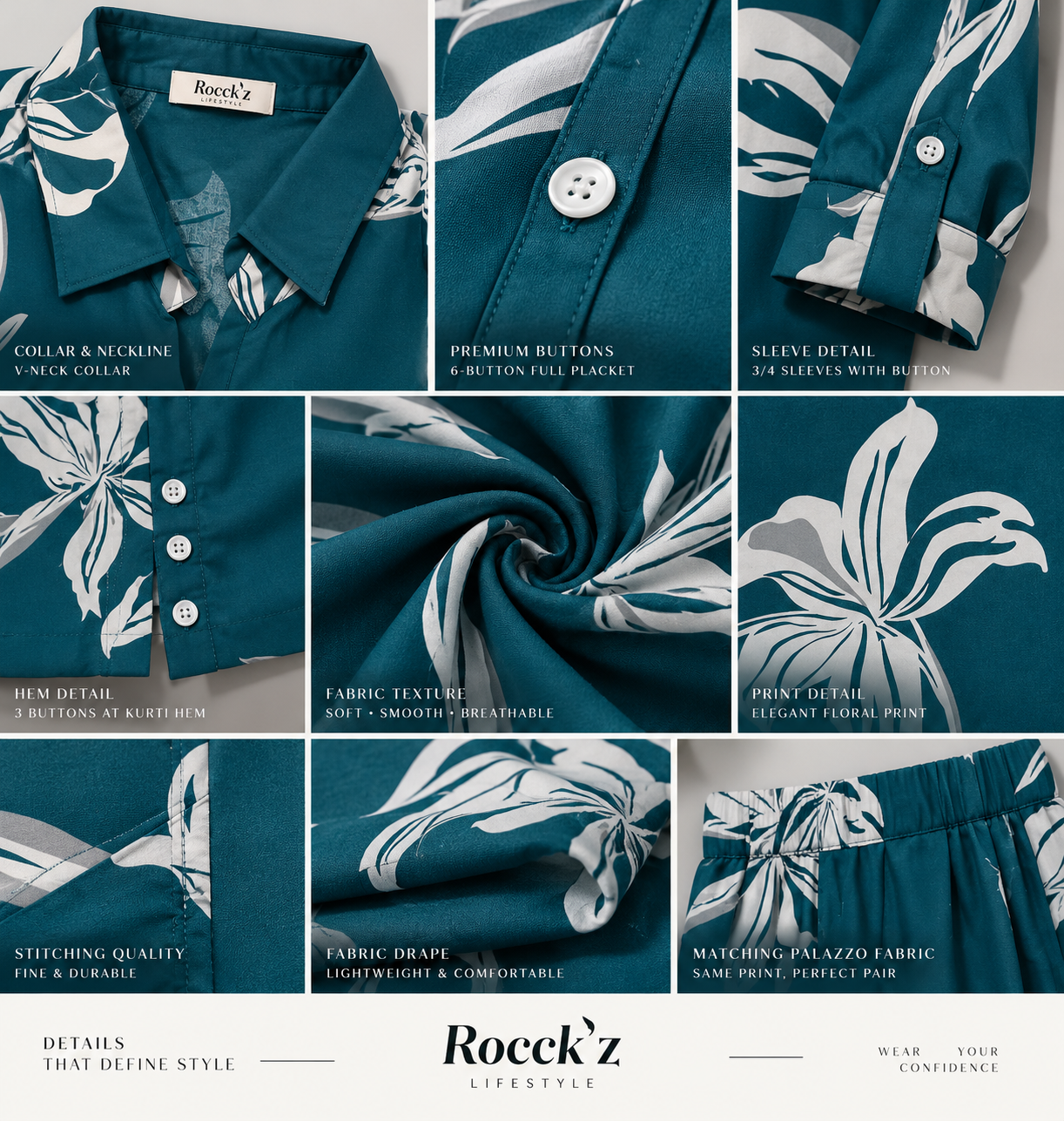 Rocck'z Women’s Teal Green Large Floral Print Collar Co-ord Set