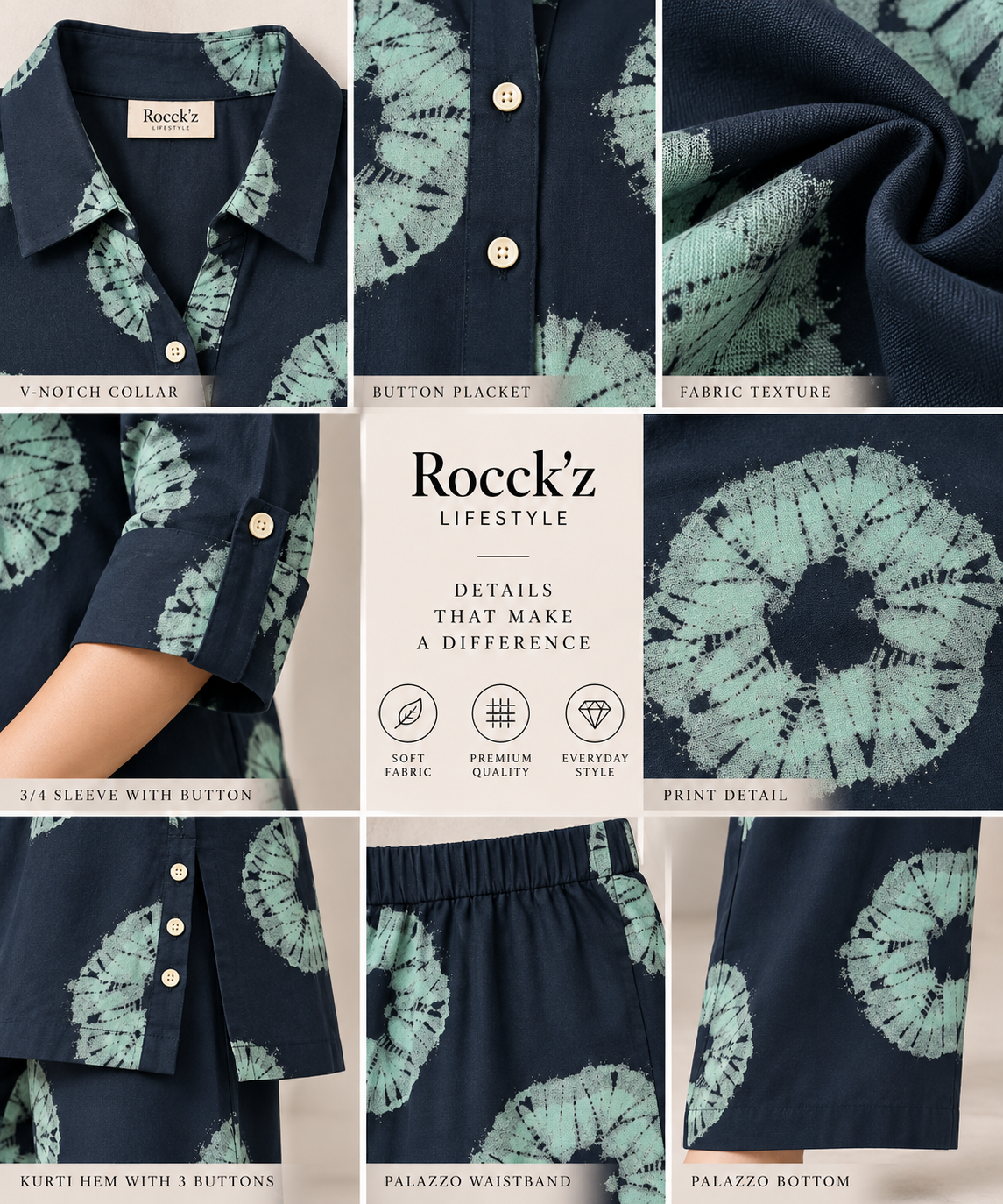 Rocck'z Women’s Dark Grey Tie-Dye Ring Print Collar Co-ord Set