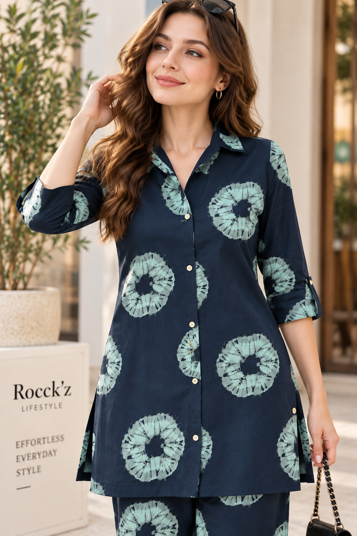 Rocck'z Women’s Dark Grey Tie-Dye Ring Print Collar Co-ord Set
