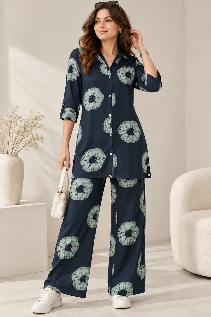 Rocck'z Women’s Dark Grey Tie-Dye Ring Print Collar Co-ord Set
