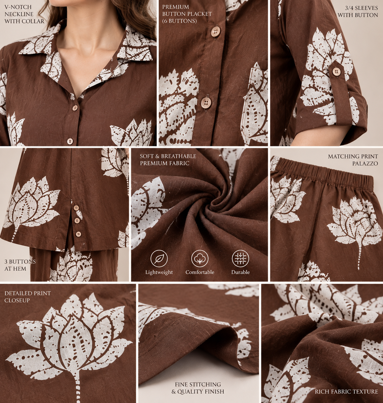 Rocck'z Women’s Brown Lotus Floral Print Collar Co-ord Set
