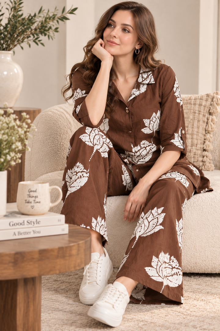 Rocck'z Women’s Brown Lotus Floral Print Collar Co-ord Set