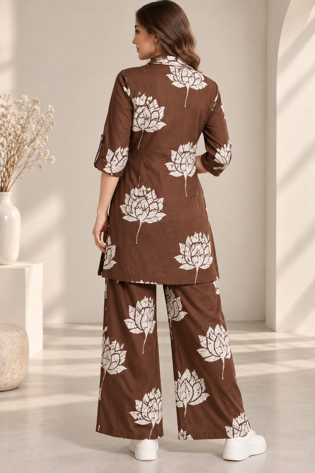 Rocck'z Women’s Brown Lotus Floral Print Collar Co-ord Set