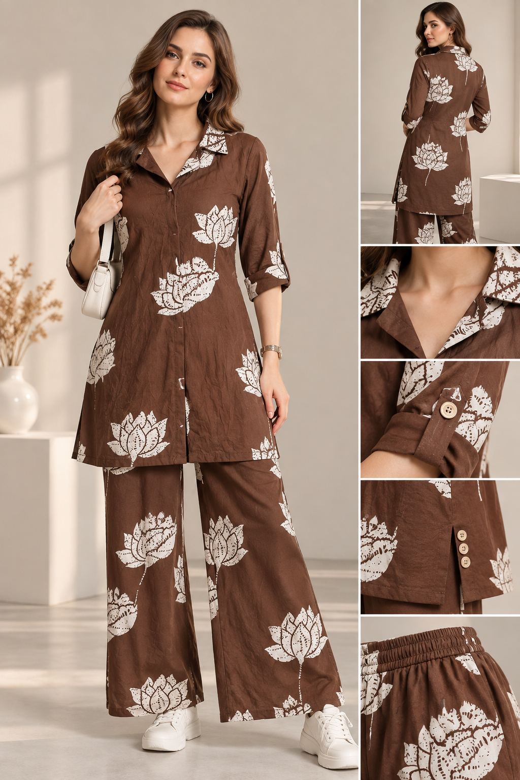 Rocck'z Women’s Brown Lotus Floral Print Collar Co-ord Set