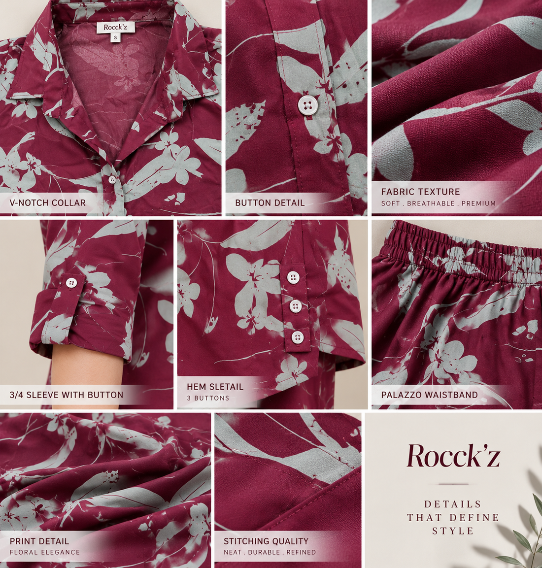 Rocck'z Women’s Maroon Floral & Leaf Branch Print Collar Co-ord Set