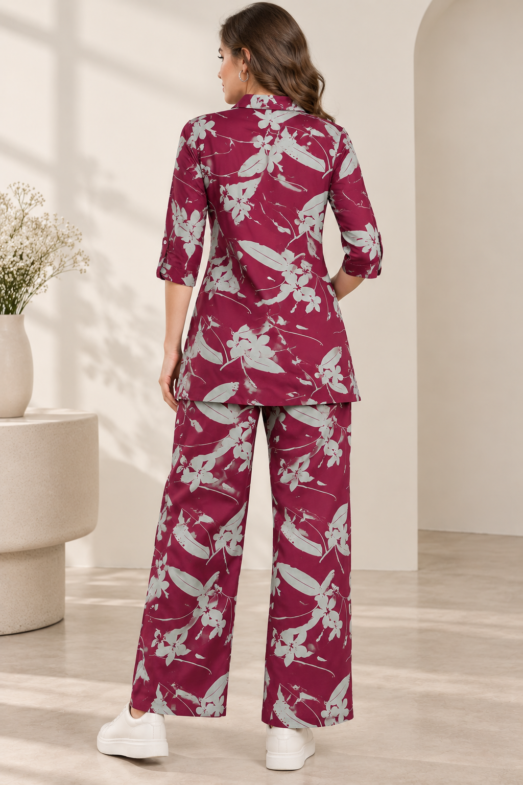 Rocck'z Women’s Maroon Floral & Leaf Branch Print Collar Co-ord Set