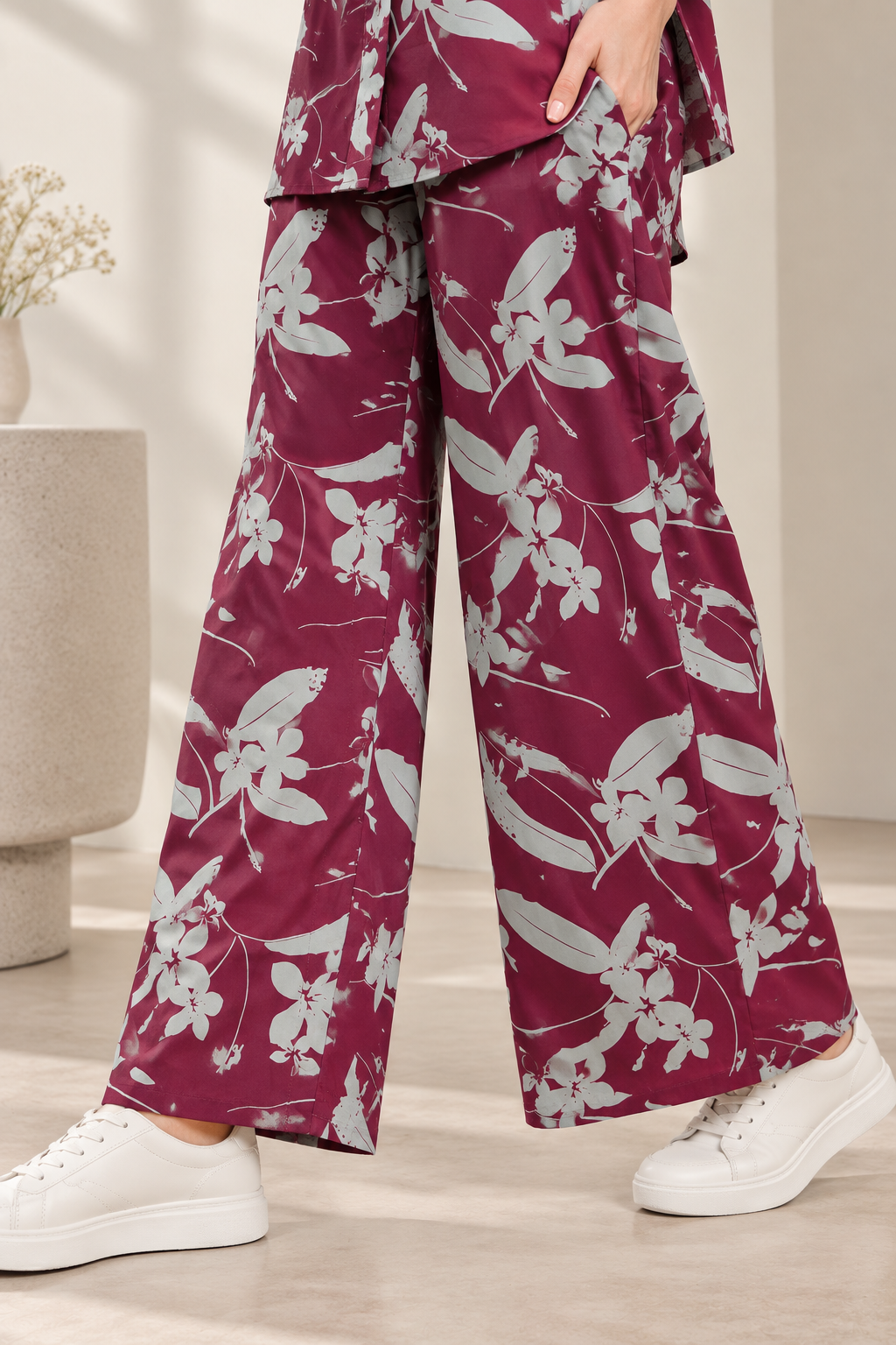 Rocck'z Women’s Maroon Floral & Leaf Branch Print Collar Co-ord Set
