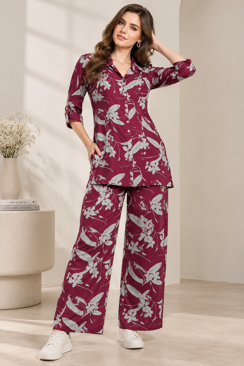 Rocck'z Women’s Maroon Floral & Leaf Branch Print Collar Co-ord Set