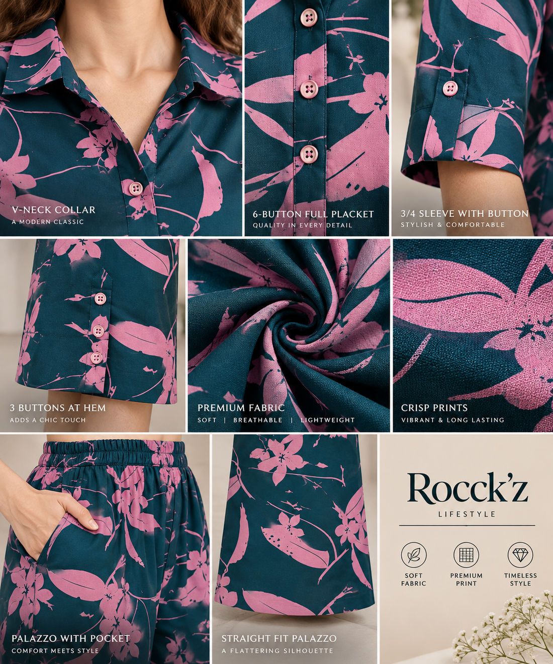 Rocck'z Women’s Teal Green & Pink Floral Vine Print Collar Co-ord Set