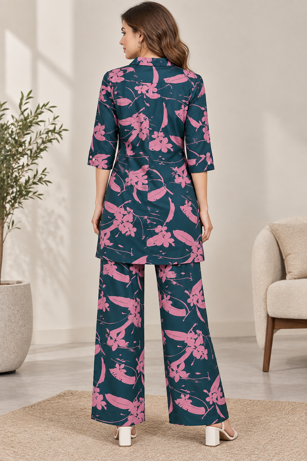 Rocck'z Women’s Teal Green & Pink Floral Vine Print Collar Co-ord Set