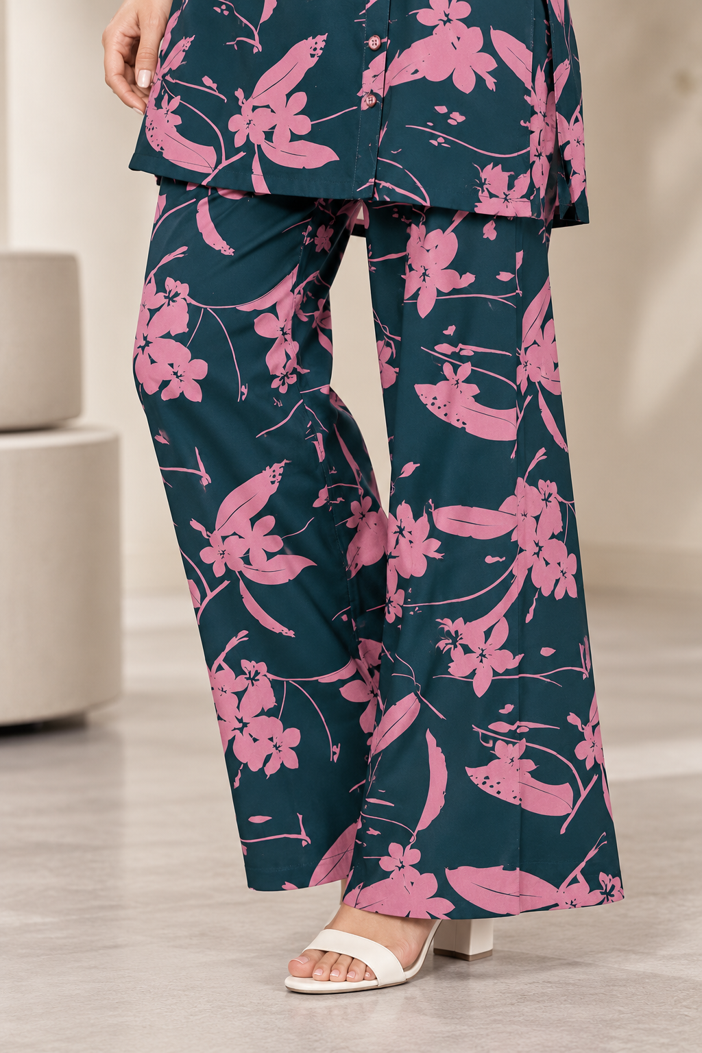 Rocck'z Women’s Teal Green & Pink Floral Vine Print Collar Co-ord Set
