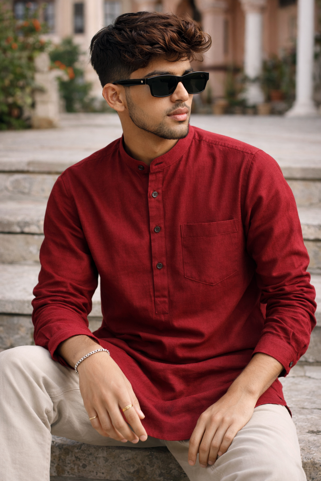 Men’s Solid Maroon Mandarin Collar Short Kurta - 23664