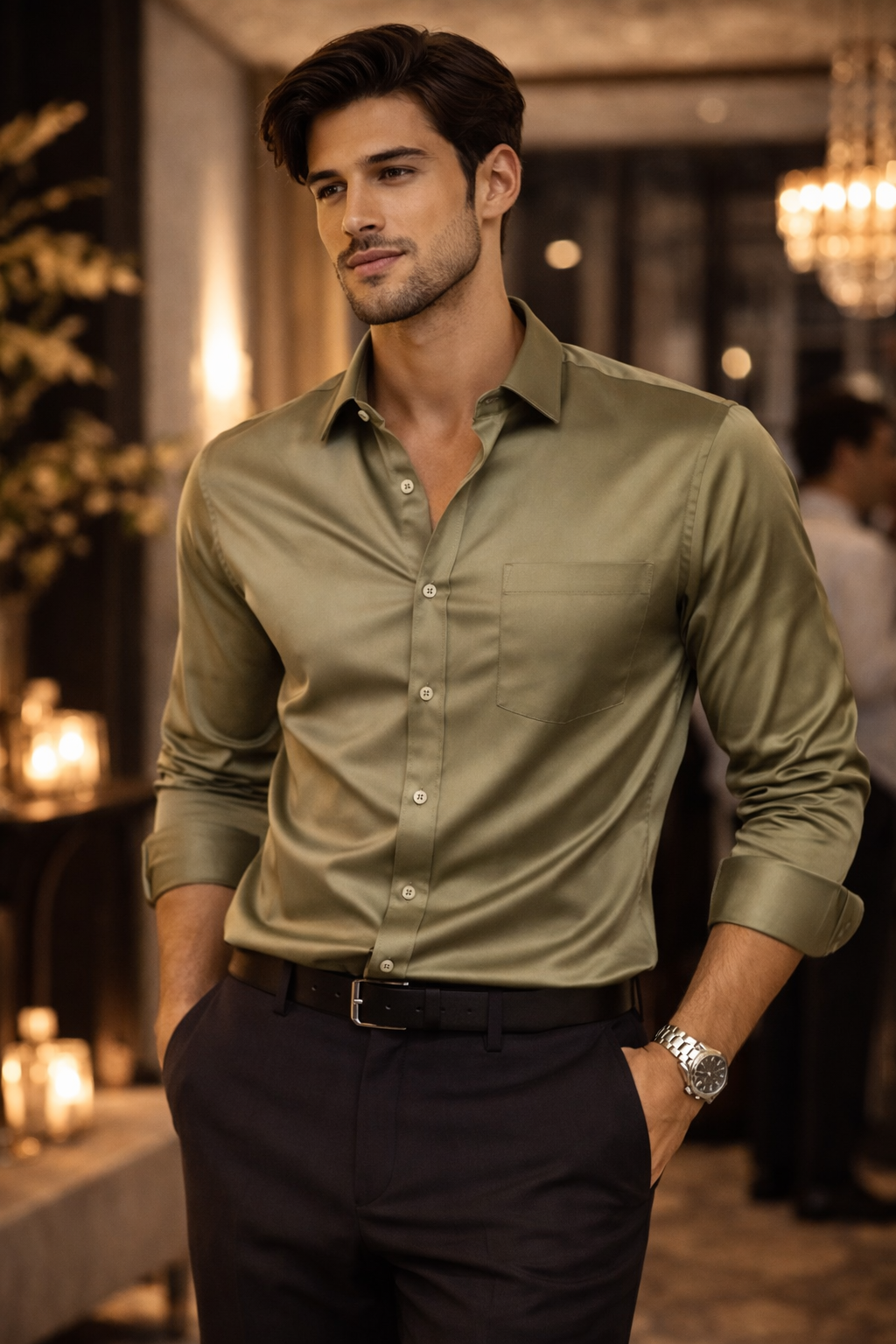 Men’s Solid Cotton satin Olive Green Shirt - 26495