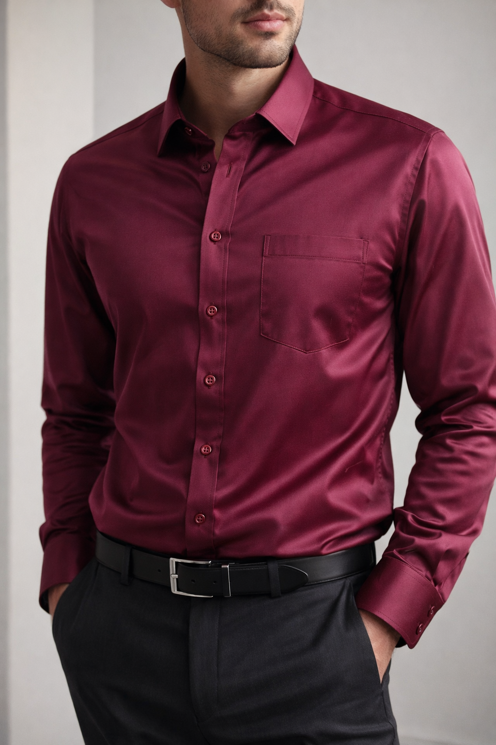 Premium Solid Cotton Satin Maroon Formal Shirt  - 26497