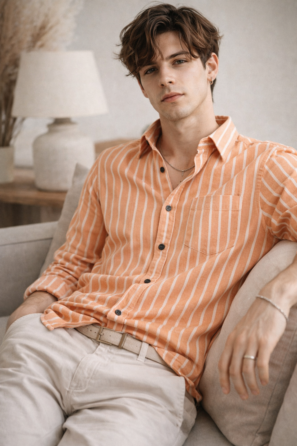 Men’s Classic Orange & White Striped 100% Cotton Casual Shirt - 23376