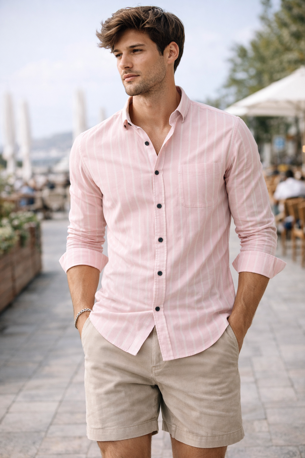 Men’s Pink & White Striped Cotton Casual Shirt - 23375