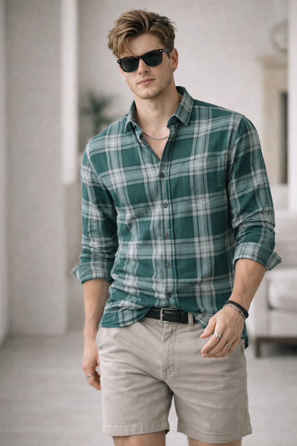 Men’s Casual Green & Grey Checkered Shirt - 25680