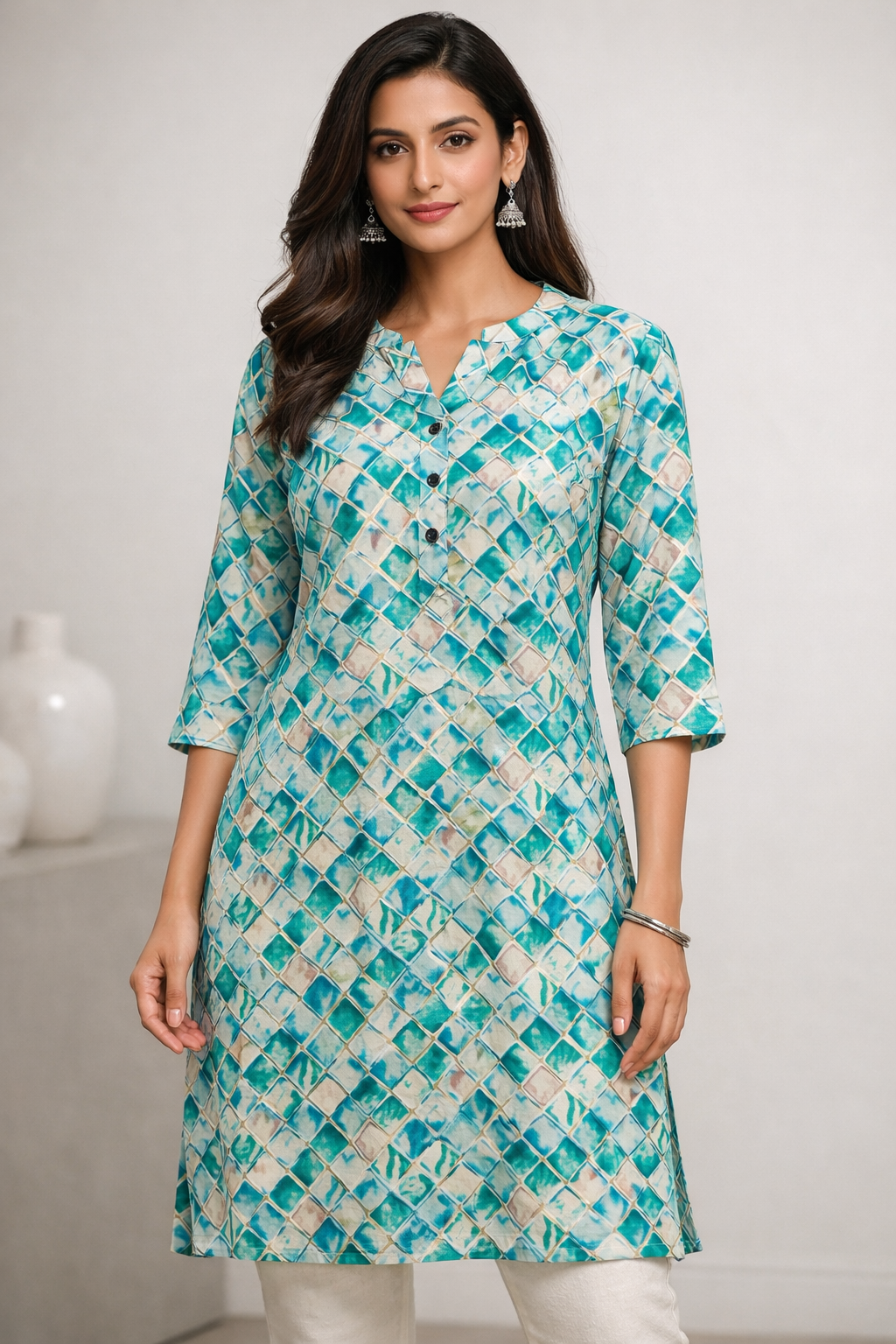 Women's Teal & Aqua Mosaic Print Straight Cotton Kurti with Gold Accents - 24498