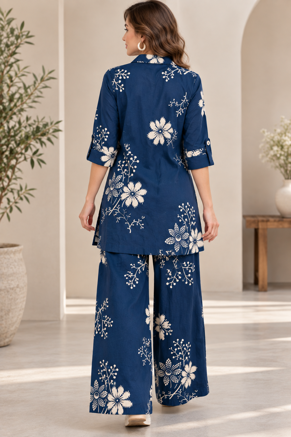 Rocck'z Women’s Navy Blue Floral & Branch Print Collar Co-ord Set