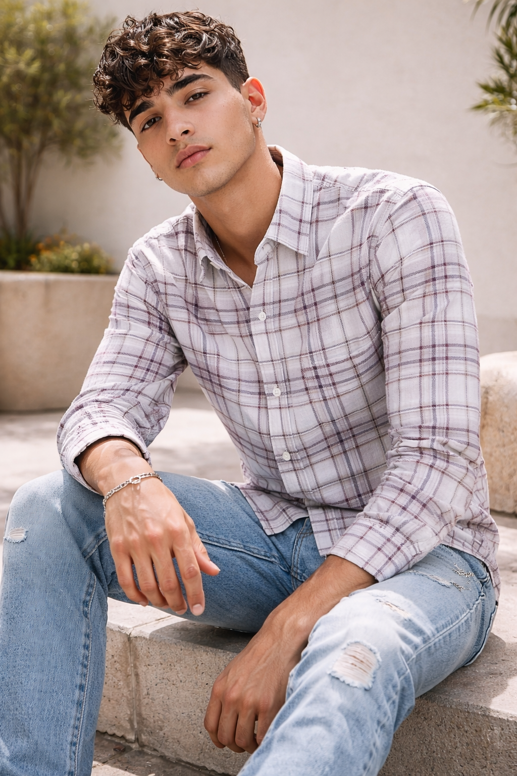Burgundy & Ash Textured Grid Cotton Shirt - 26224