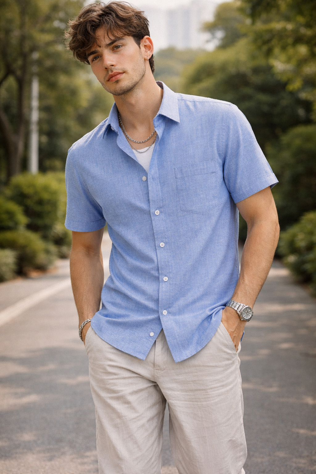 Men's Blue Micro-Textured Cotton Blend - 98