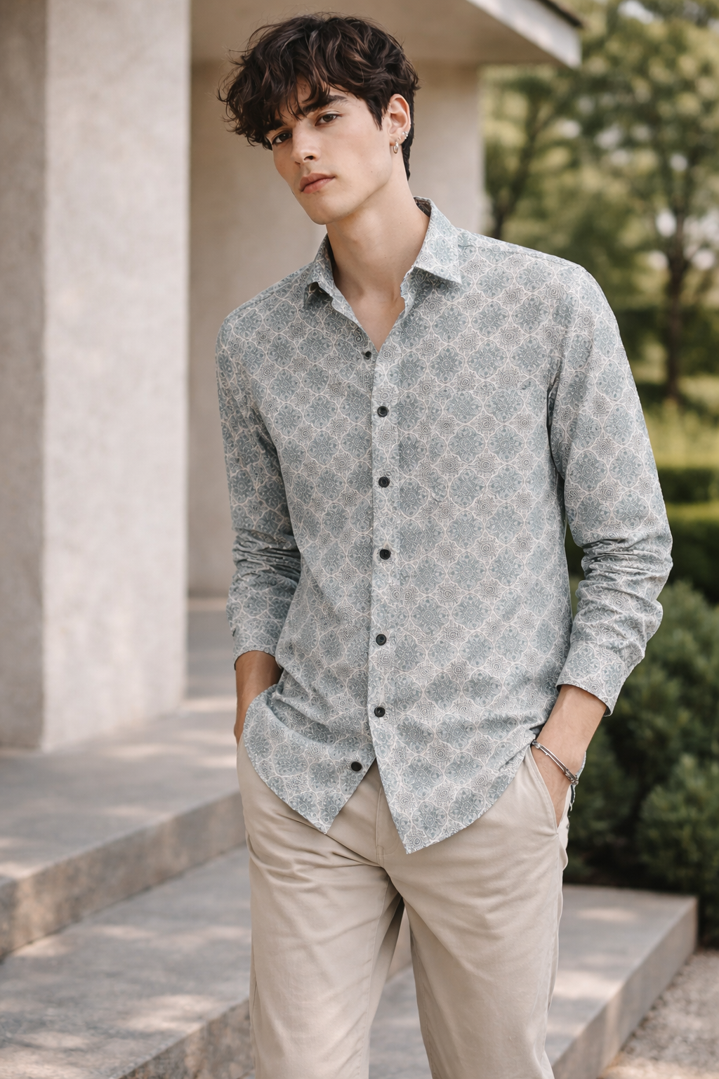 Men’s Premium Cotton Printed Casual Shirt – Teal & White Micro-Mandala Pattern - 25605