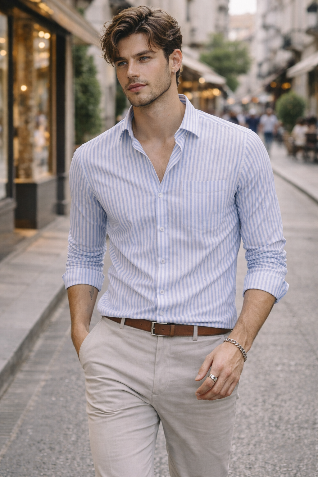 Men's Sky Blue & White Fine Striped Premium Cotton - 26317