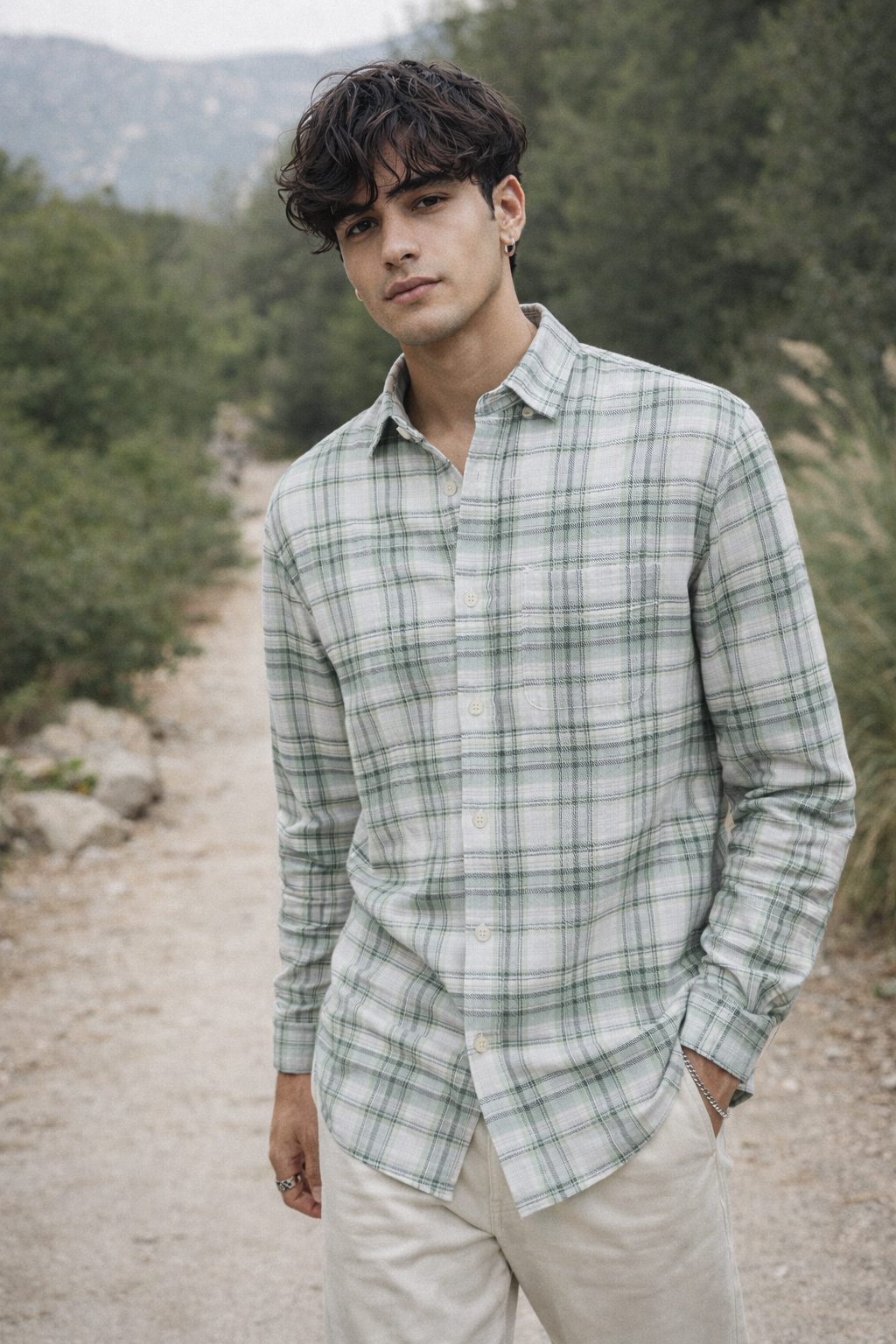 Sage Green & White Checkered Cotton Casual Shirt - 26225