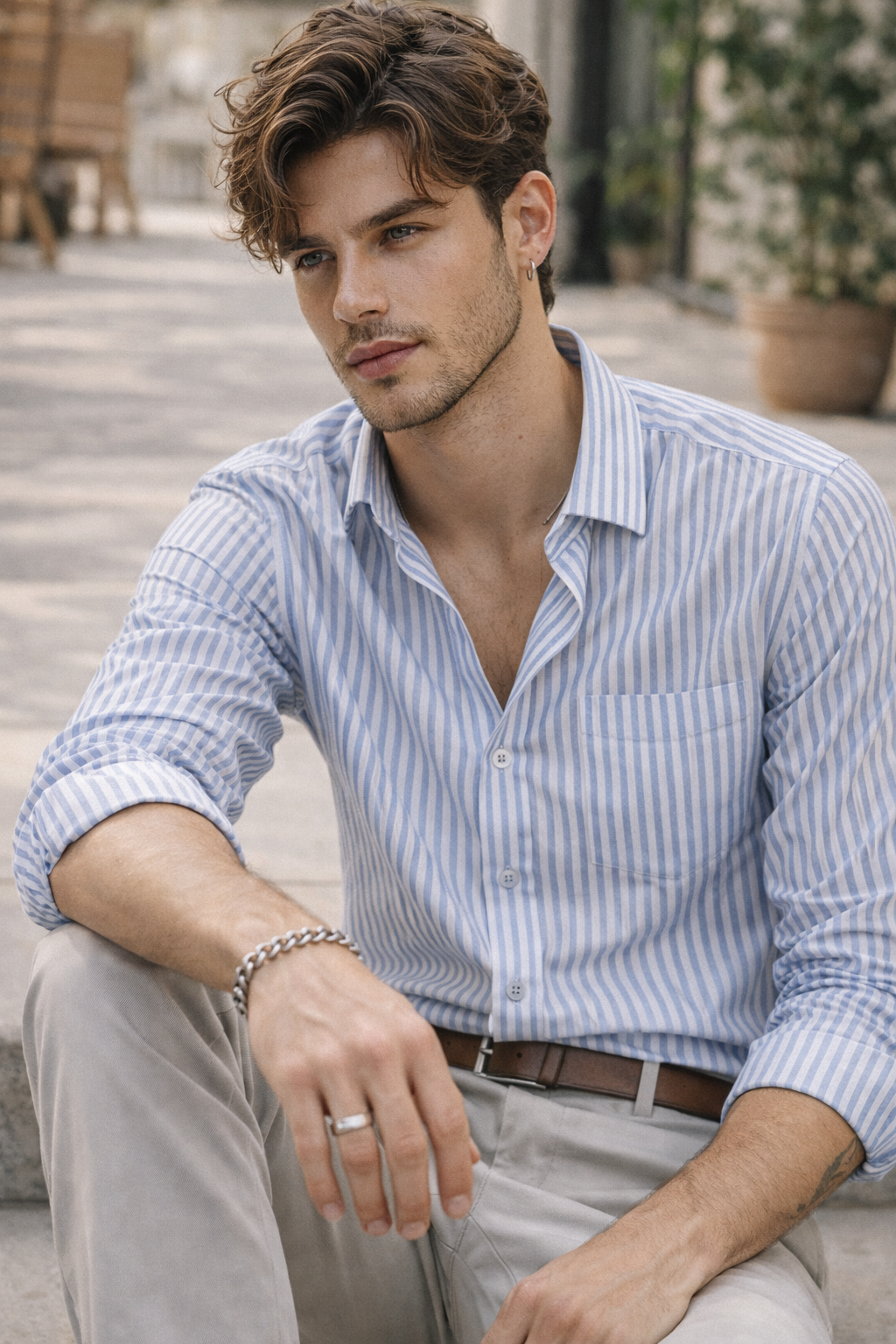 Men's Sky Blue & White Fine Striped Premium Cotton - 26317