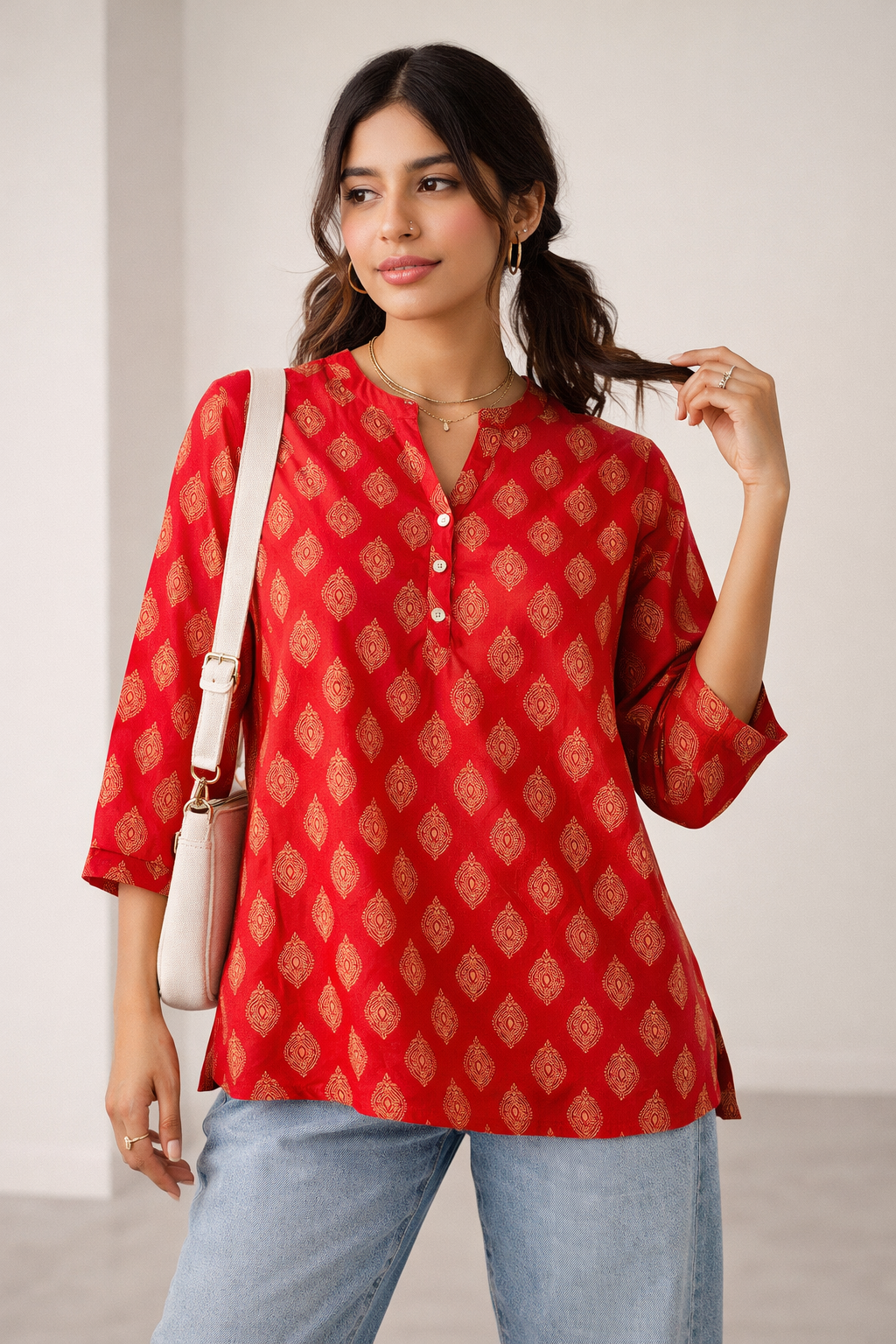Women's Vibrant Red Ethnic Motif Print Kurti - 26532