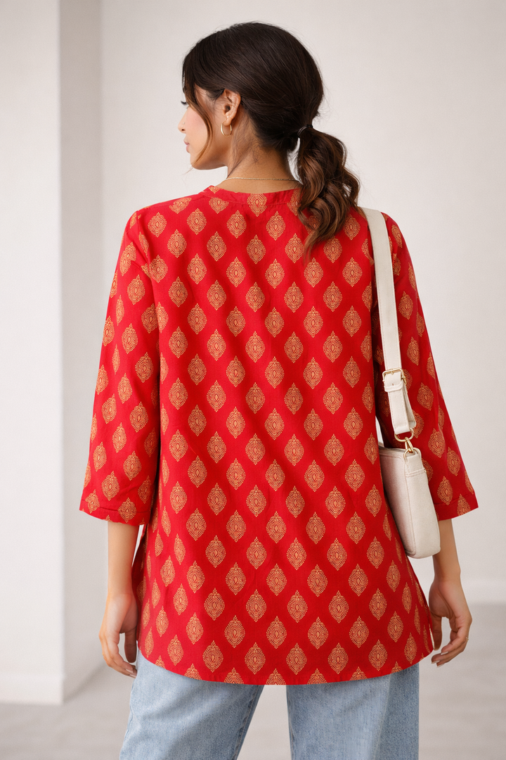 Women's Vibrant Red Ethnic Motif Print Kurti - 26532