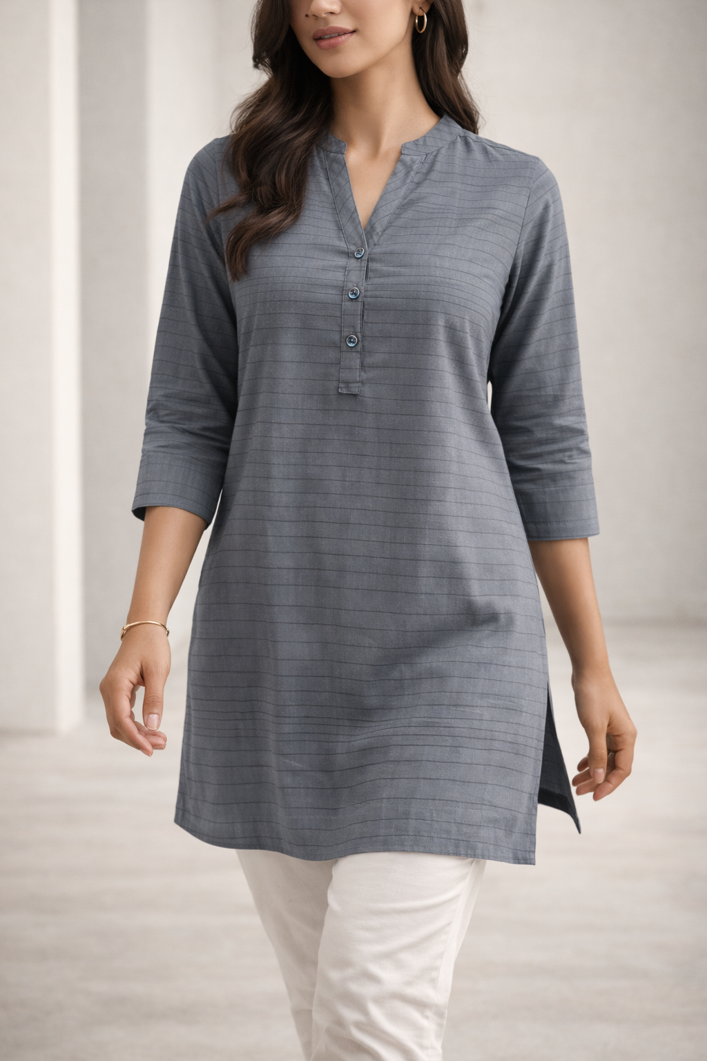 Women’s Slate Grey Striped Cotton Kurti - 24164