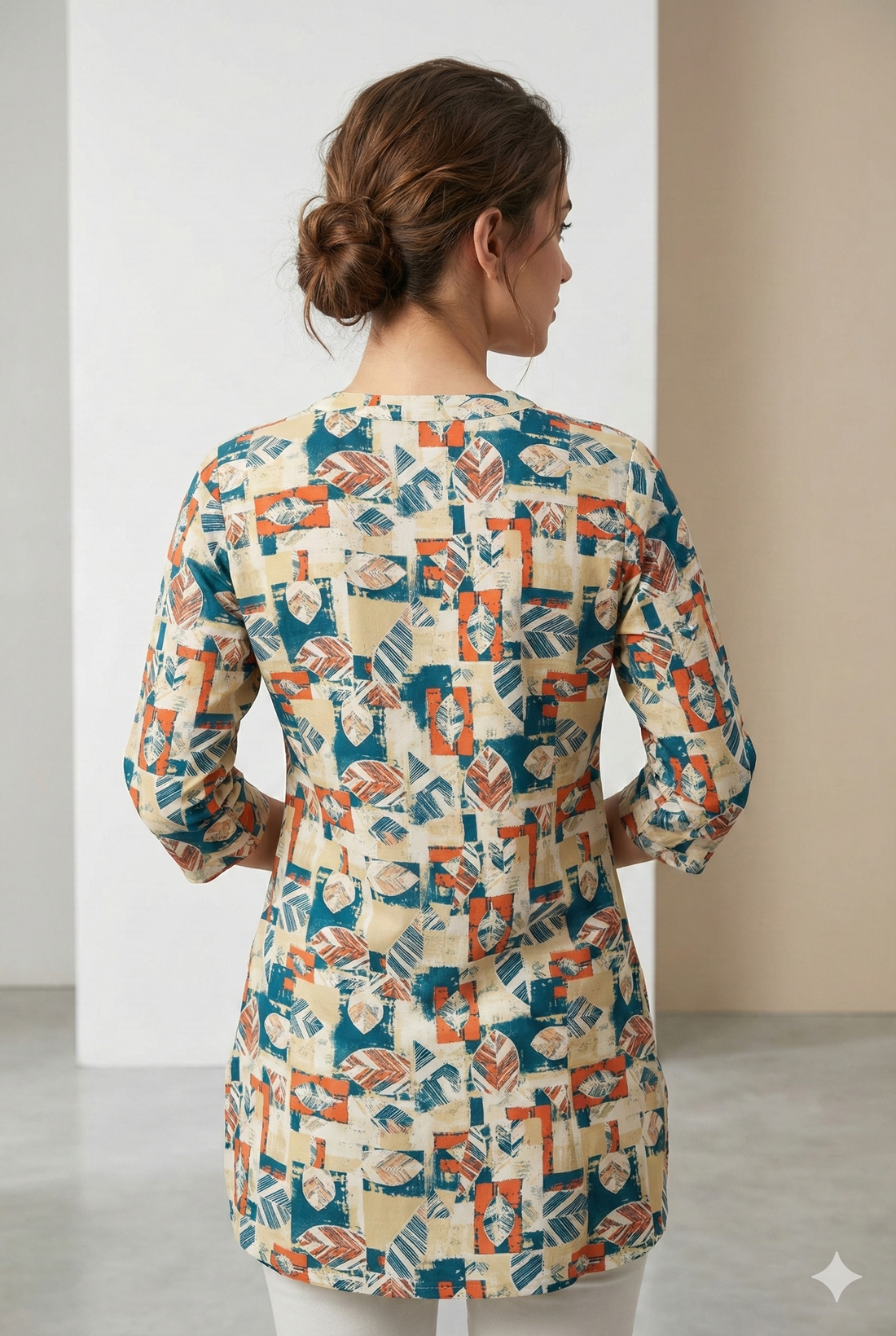 Women’s Abstract Leaf-Print Short Kurti - 25007