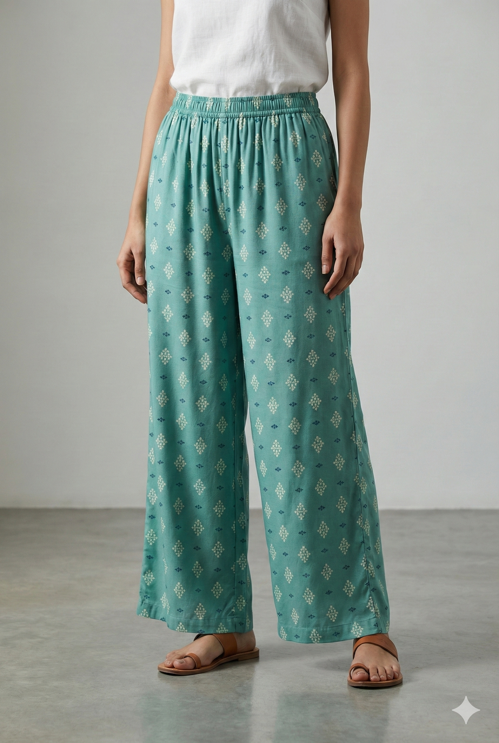 Sky Blue Ethnic Motif Print Elastic Waist Palazzo - 26343