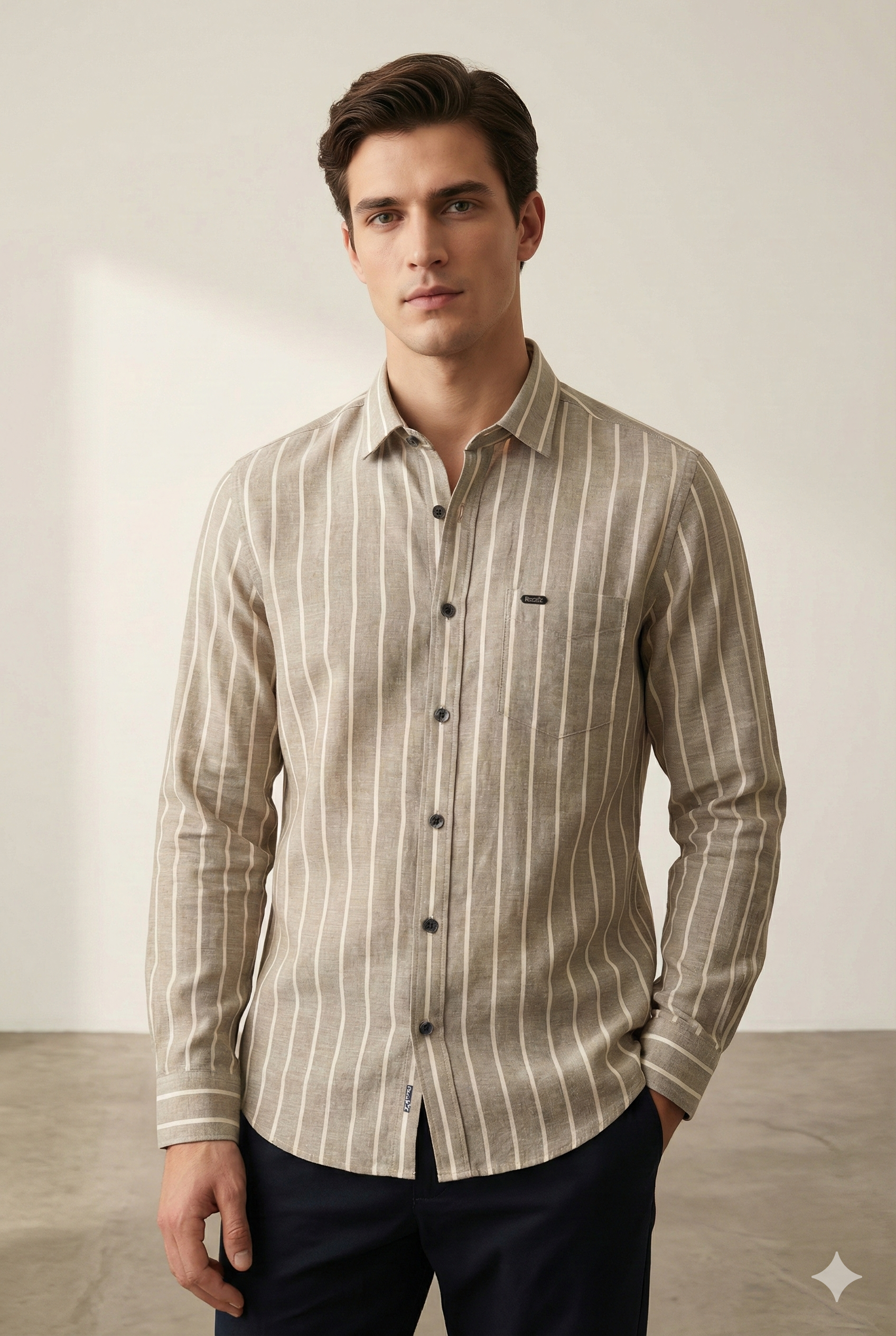 Beige & White Vertical Stripe Cotton Casual Shirt - 24550