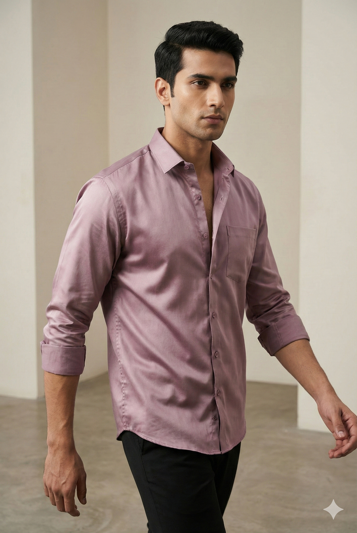 Men’s Solid Lavender Cotton Satin Formal Shirt – Classic Office Wear - 26496
